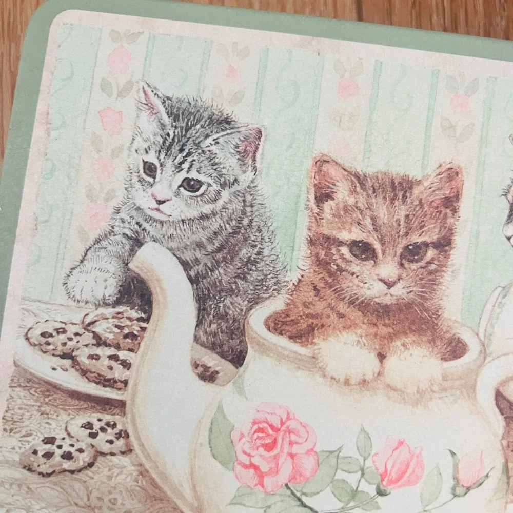 Vtg Keller Charles Philadelphia Kitten Teapot Tin Decorative Metal Box Green